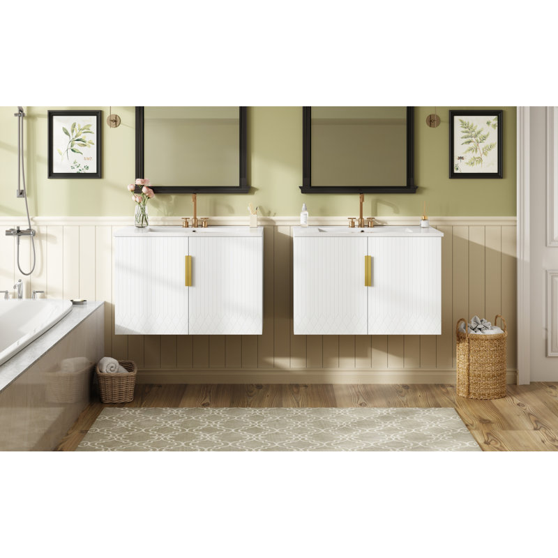 Meuble-lavabo moderne en bois massif avec lavabo en céramique pour une salle de bain élégante