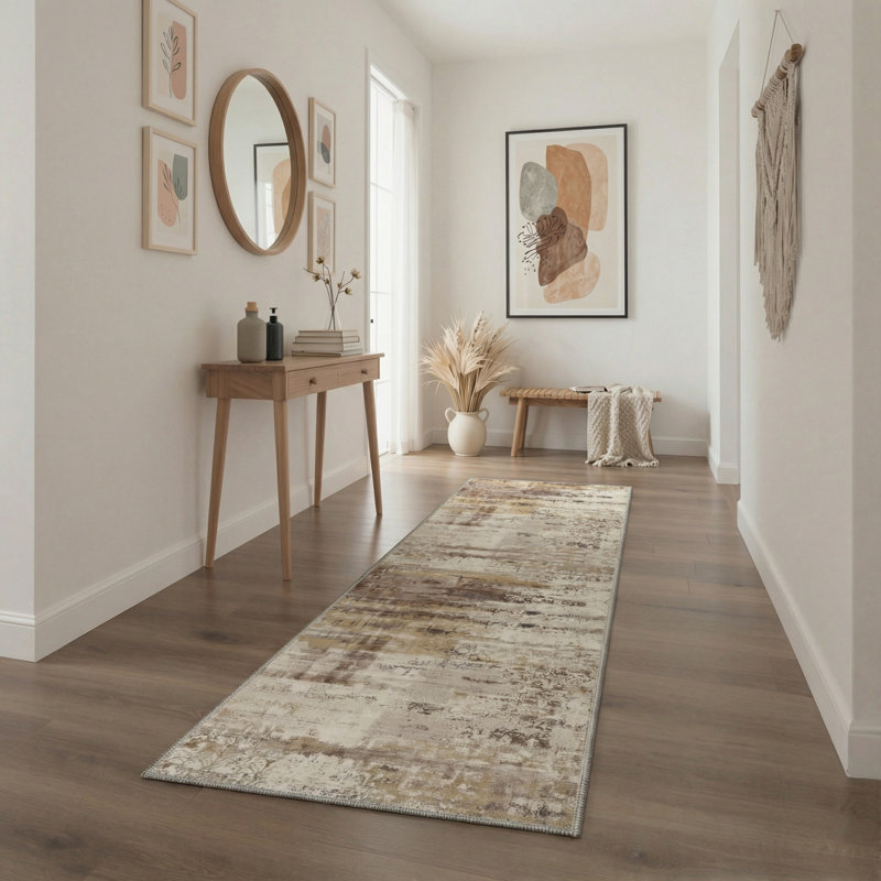 Mignone Vela Abstract Machine Washable Brown / Beige Indoor Area Rug with Non-Slip Backing, Runner 2' x 6'