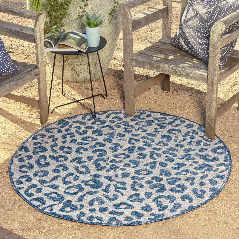 Tapis d'extérieur bleu / gris à imprimé animal Munk, Rond 7 pi 10 po