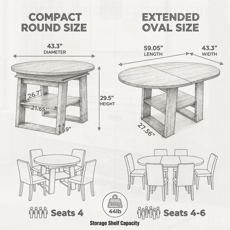 Table de salle à manger extensible ronde à ovale avec rallonge rabattable intégrée, piètement en forme de H et tablette de rangement pour 4 à 6 personnes