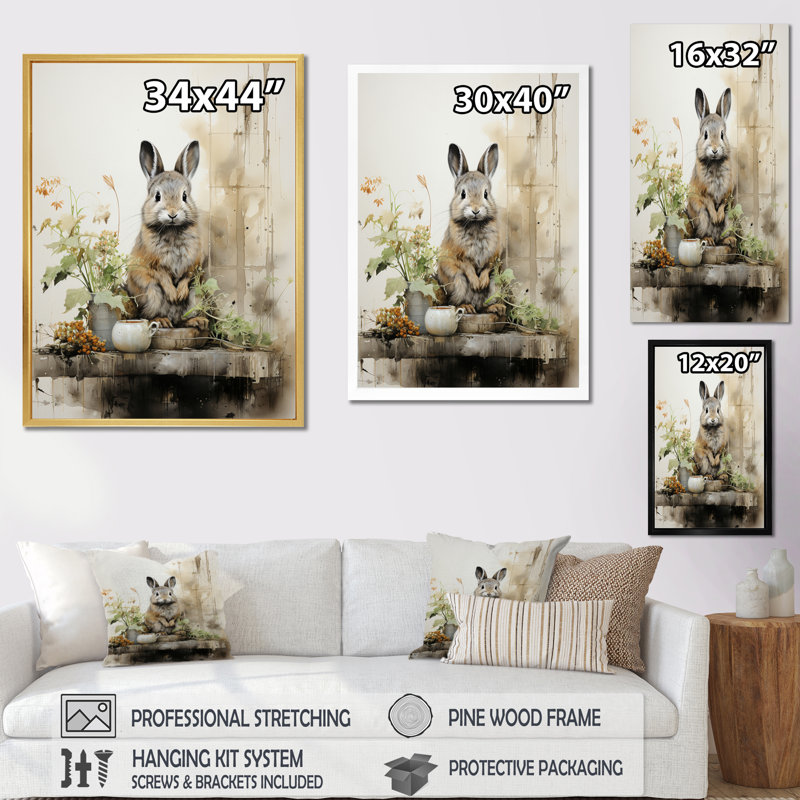 Traeven Asian Art Rabbit Sumi I - Lapin, art mural, 32" H x 24" W, Cadre flottant noir
