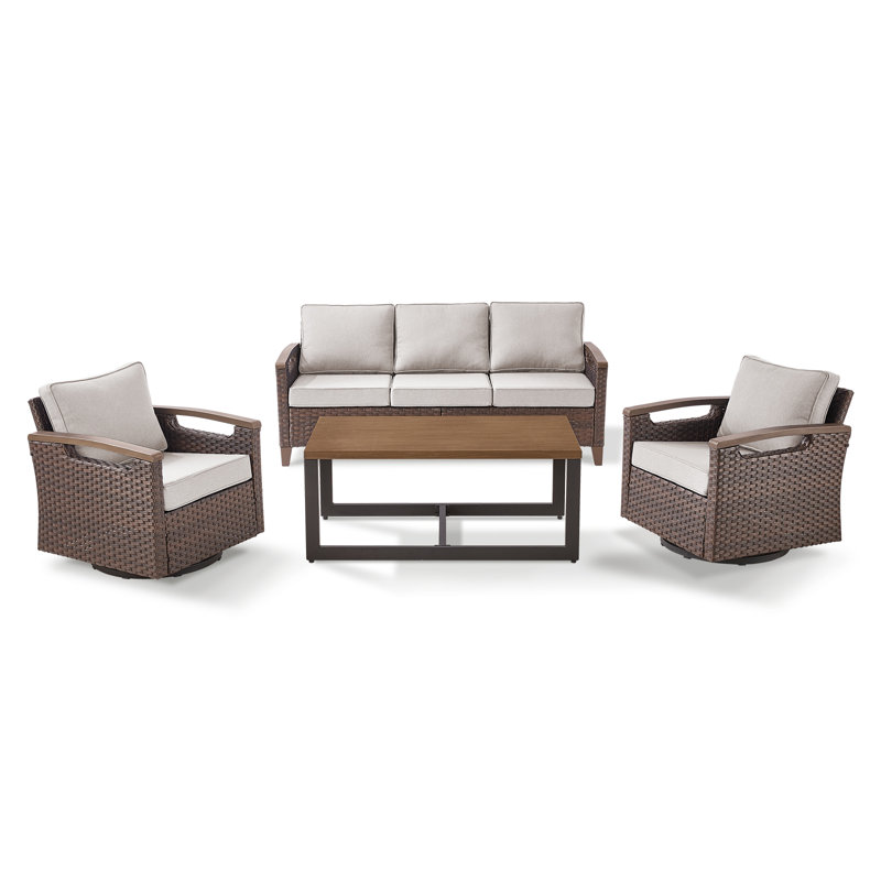 Arundel 5 Person Outdoor Patio Rattan Conversation Set With Swivel Chairs, Beige