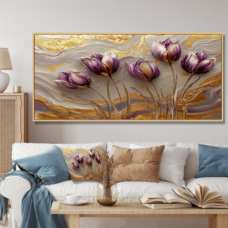 Art mural mural de tulipes jacobiennes marbrées sur une rivière crème II, H 28 po x l 60 po, Toile tendue, Ne pas appliquer
