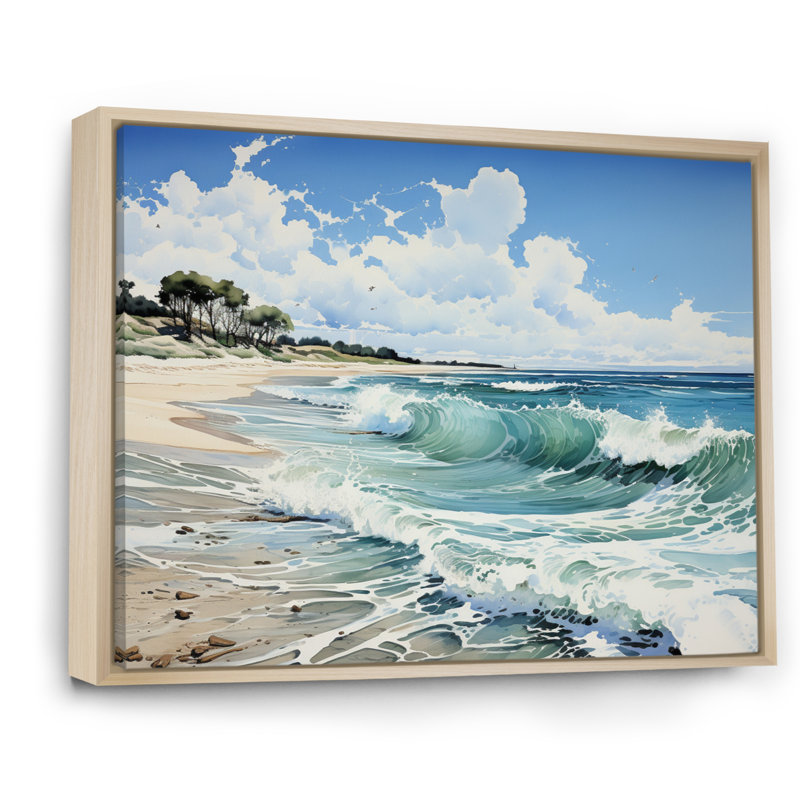 Beach Serene Shores Pointillism - Landscapes Canvas Wall Art, 30" H x 40" W, Cadre naturel flottant