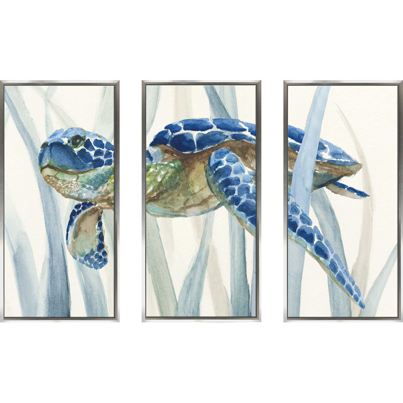 «Turtle In Seagrass II» par Nan, reproduction de 3 pièces sur toile flottante, H 33,5 po x l 52,5 po x P 2 po