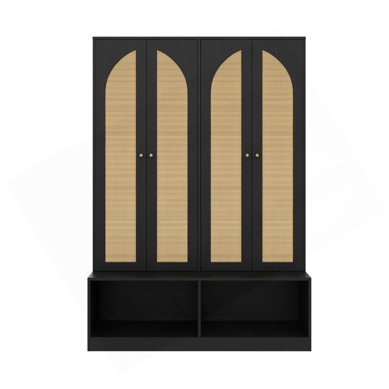Farmhouse Hall Tree With 4 Rattan Doors, Versatile 4-In-1 Bench With 6 Hooks, Mid-Century Shoe Cabinet With Adjustable Shelf For Living Room, Black, 55.1"W