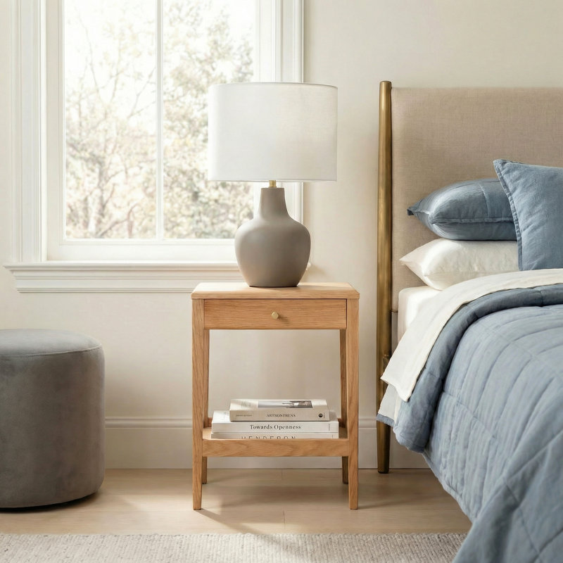 19"H Low & Narrow Assembled Solid Oak Nightstand with Drawer & Shelf, Set of 2, Natural Oak