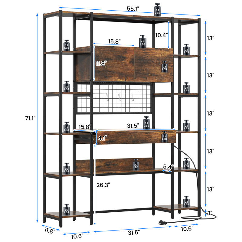 5 Tiers Large Bookshelf, 71.1" Tall Book Shelf With With Home Office Desk And Rgb Lights And Power Outlet, Large Ubly With Drawer & Storage Cabinet & 12 Storage Shelves, For Home Office Use,