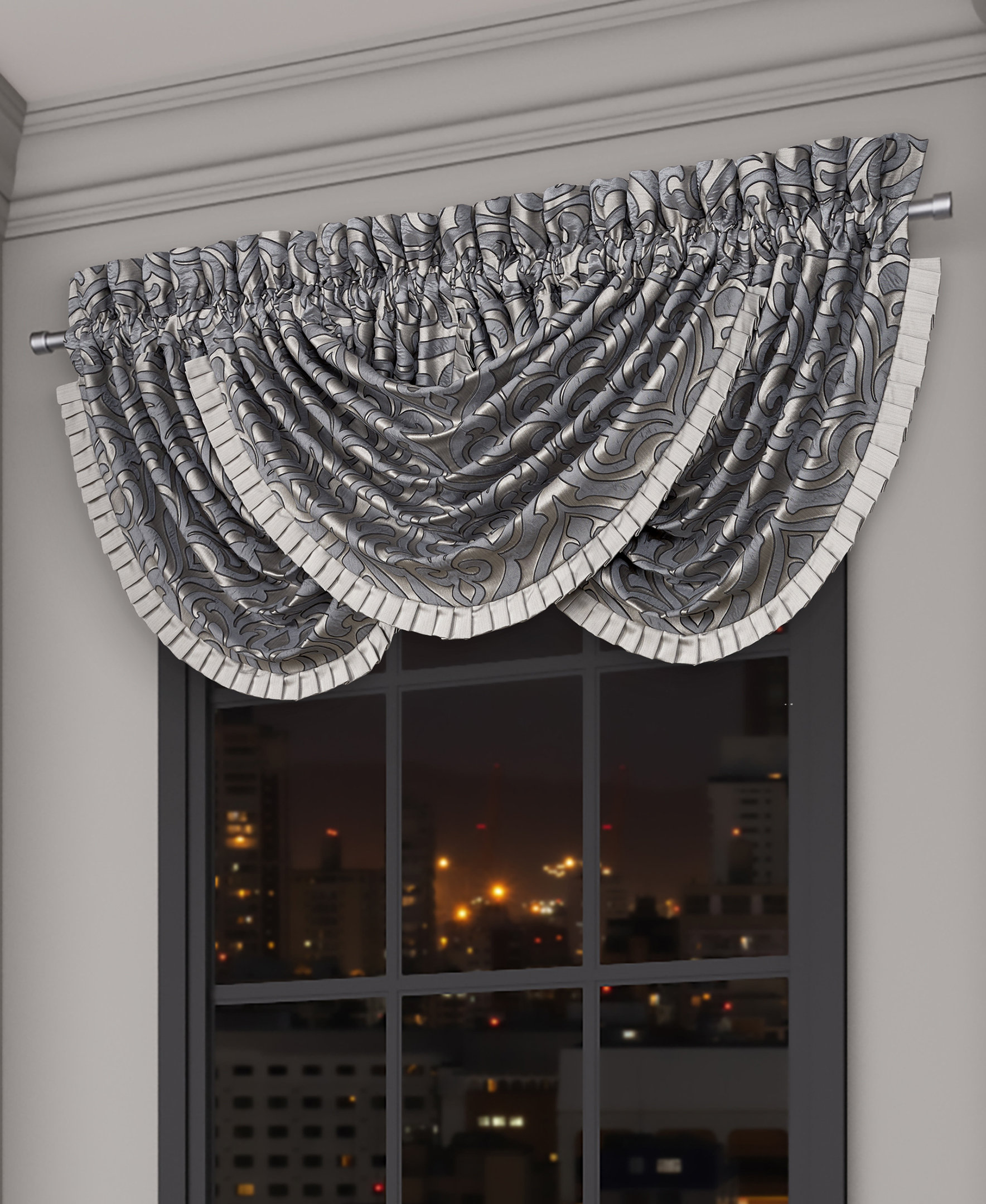 Five Queens Court Bylthe Pewter Damask Swag 43'' W Window Valance ...