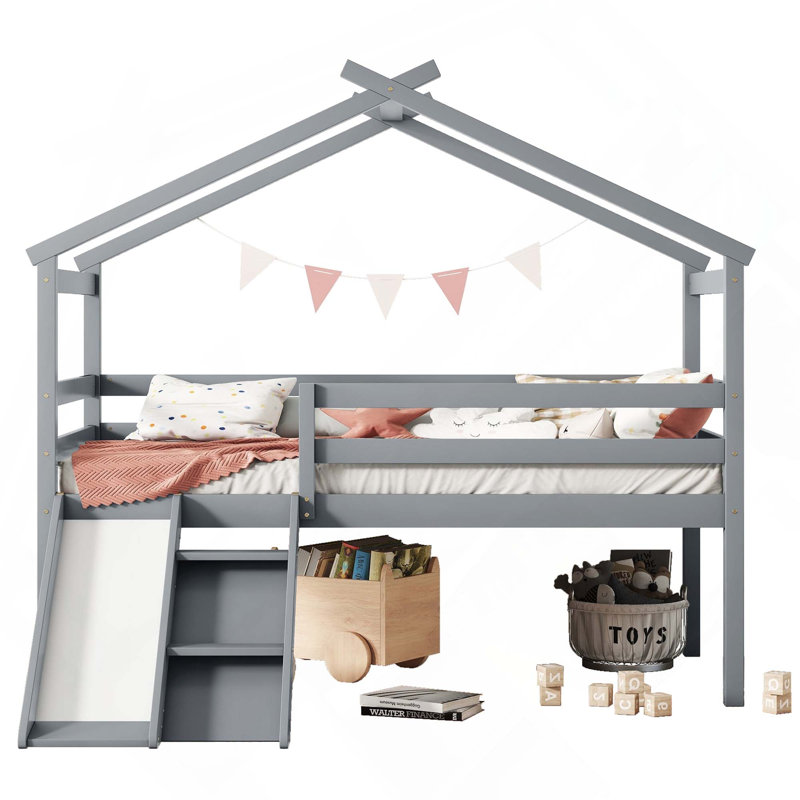 Lit mezzanine bas avec glissade, échelle et barrières de sécurité, Grey