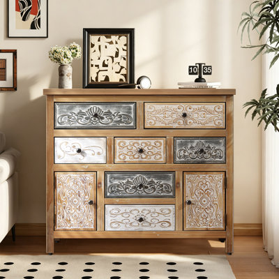 Vintage Wooden Accent Chest With Seven Drawers And Two Cabinets For Rustic Living Room Storage