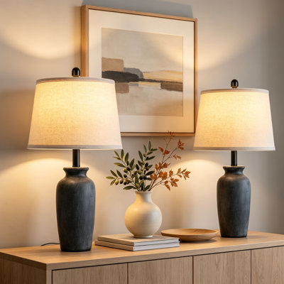24.5" Ceramic Bedside Table Lamp with Oatmeal Fabric Shade, 2-Way Switch, LED Bulb Included