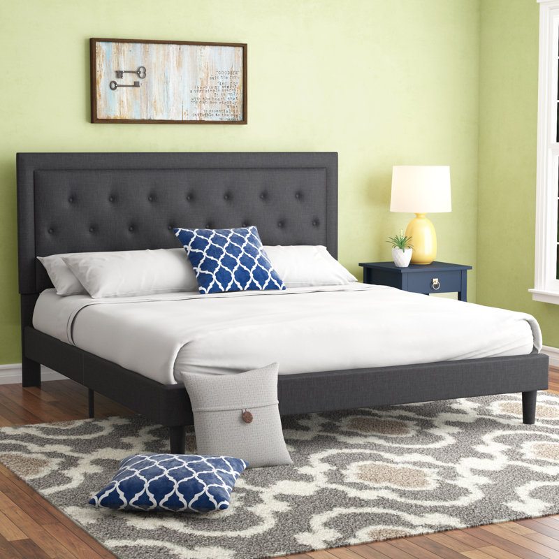 Aluino Panel Button Tufted Upholstered Platform Bed Frame - No Box Spring Required, Dark Gray, King