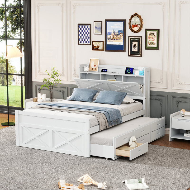 Lit double en bois avec tête de lit avec prises de courant, lit extensible avec lit gigogne simple avec trois tiroirs de rangement, blanc