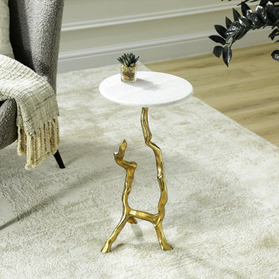 Marble Top Round End Table for Living Room, 55cm Tall Gold Metal Sofa Side Table, Accent Table