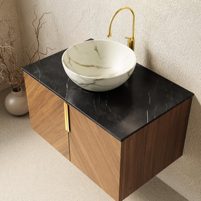 Meuble-lavabo flottant 30 po avec chêne brun, comptoir noir, cuve en céramique blanche, pierre frittée avec rangement à double porte, rangement, fermeture en douceur, conception diagonale, grand