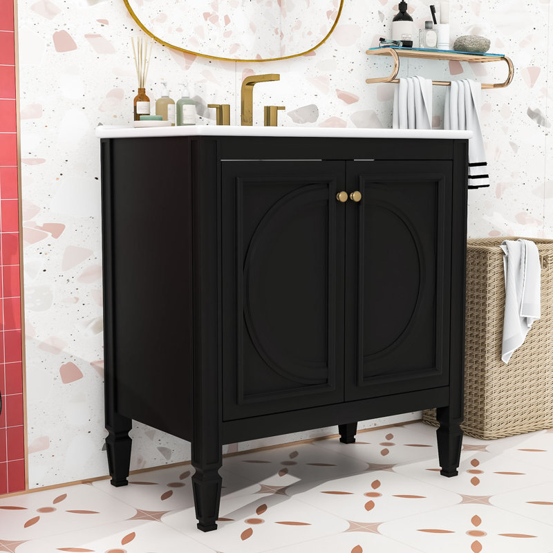 Meuble-lavabo simple autoportant moderne avec lavabo en céramique, rangement spacieux et portes à fermeture douce, Black