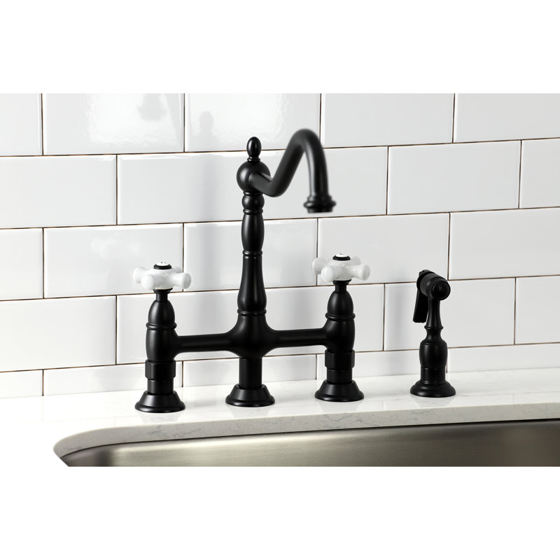 Kingston Brass Heritage Two-Handle 4-Hole Deck Mount Bridge Kitchen Faucet with Brass Side Sprayer, Matte Black