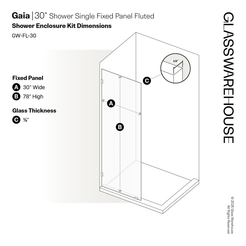 Gaia 30 in. x 78 in. Frameless Fluted Single Fixed Shower Panel, Polished Nickel
