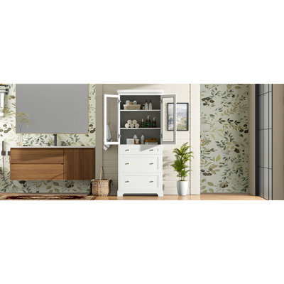 70.1" Modern High Freestanding Tall Bathroom Cabinet With 2 Adjustable Shelves, 3 Drawers, Soft Close Glass Doors – Ideal For Bathroom, Living Room, Kitchen Storage