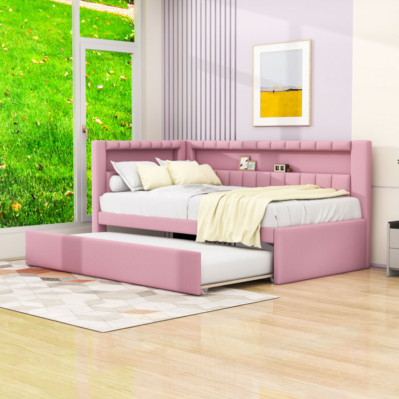 Suraiya Twin Size Upholstered Daybed with USB Ports and LED Belt With Twin Trundle, Pink