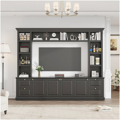 70" Entertainment Center with Bookcase Piers and Bridge, Large TV Stand for TVs up to 75", Modern Built-in Media Console with Adjustable Shelves