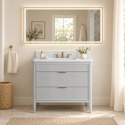 Meuble-lavabo sur pied gris mat de 91 cm (36 po) avec lavabo intégré et miroir de courtoisie à DEL de 102 x 213 cm (40 x 84 po).