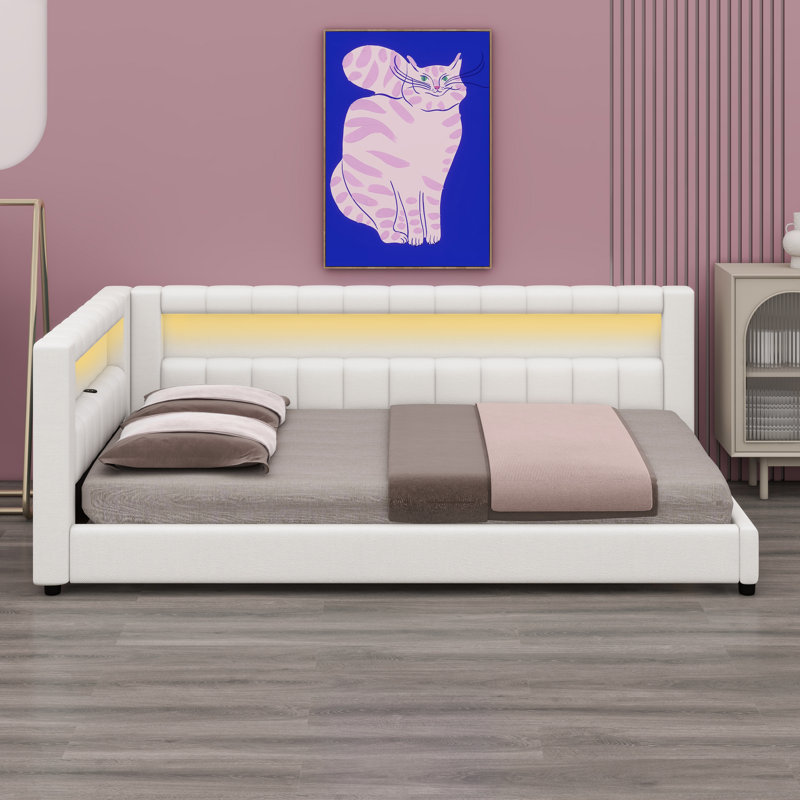 Contemporary Low-Profile Bed Featuring Built-in USB Ports and Decorative LED Strip, Cream White
