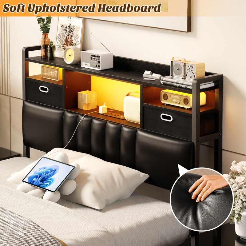 Moynahan Upholstered Faux Leather Bookcase Headboard, Twin, Black