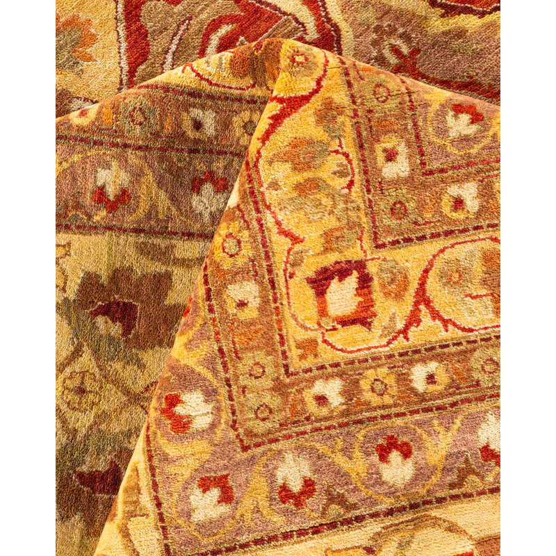 Tapis orange / gris / ivoire noué à la main de conception unique 12 pi 3 po x 14 pi 4 po Hayner