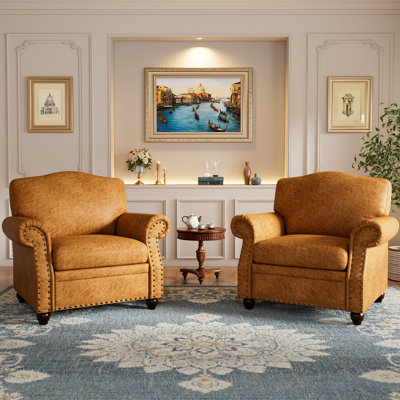 Ensemble de 2 fauteuils de 39 po de largeur, fauteuil à têtes de clou en similicuir, fauteuil d'appoint à accoudoirs roulés avec pieds en bois massif, fauteuil simple moderne pour la lecture, chambre à coucher, bureau, appartement, brun
