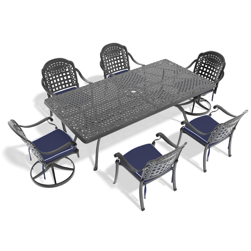 Ensemble de salle à manger 7 pièces en fonte d'aluminium toutes saisons comprenant 2 chaises pivotantes, 6 chaises et une table rectangulaire avec cadre noir