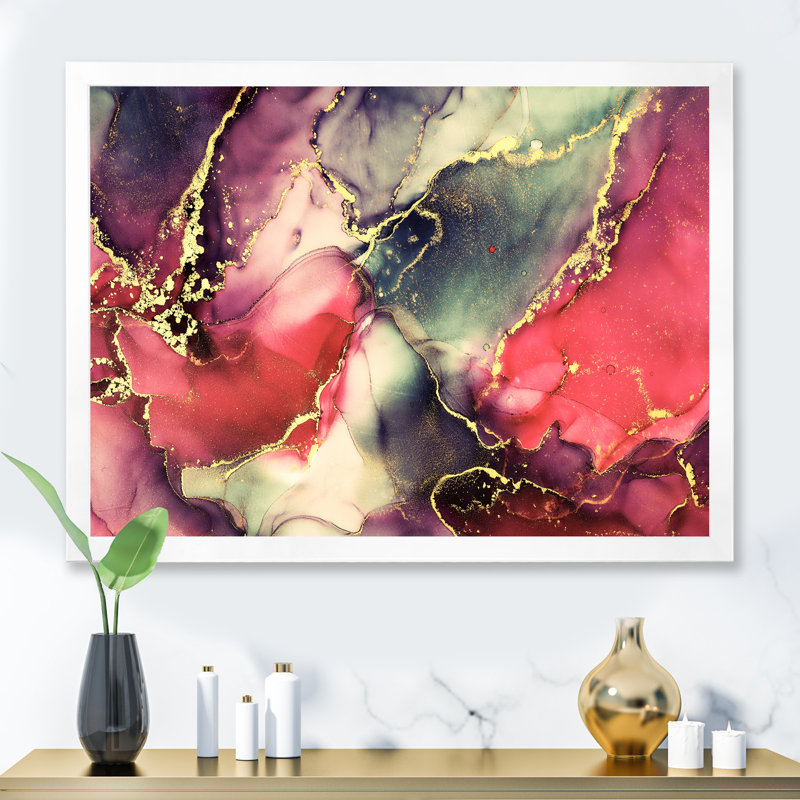 «Red Luxury Abstract Fluid Art II», reproduction sur toile, H 16 po x l 32 po x P 1 po, Cadre photo blanc