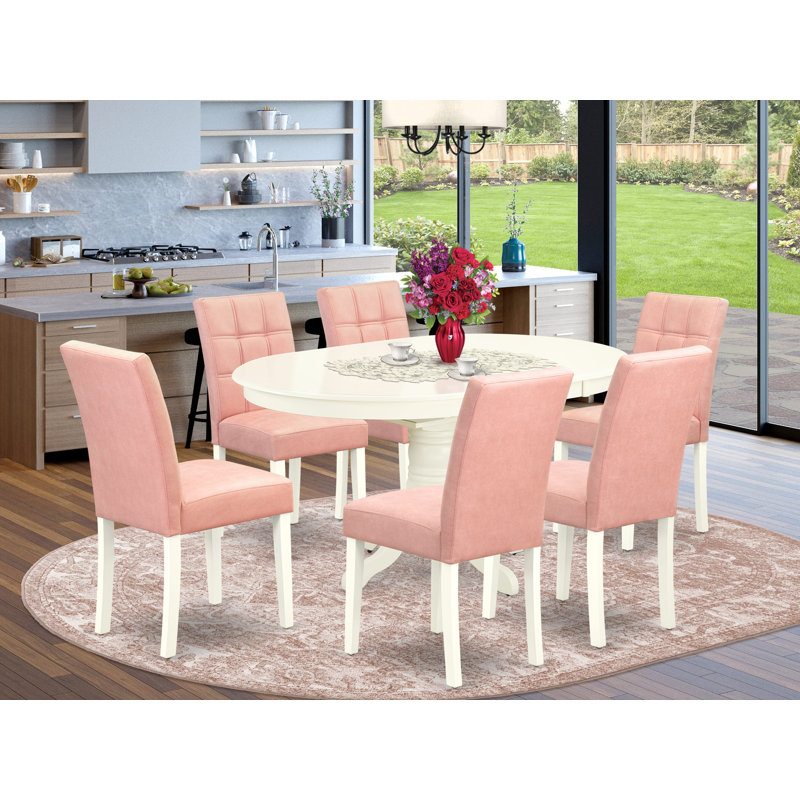 7 Piece Dinner Table Set consists A Modern Dining Table and 6 Beige Red Polyester Fabric Kitchen Chairs with Stylish Back- Linen White Finish