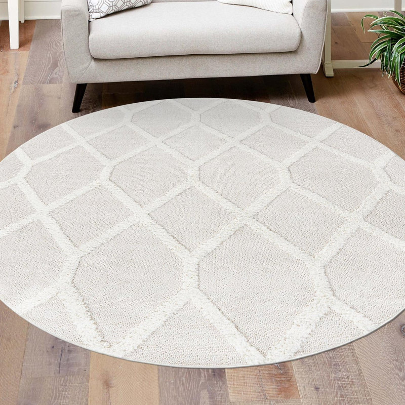 Tapis géométrique ivoire en polyester tissé à la machine, Rond 3 pi 3 po