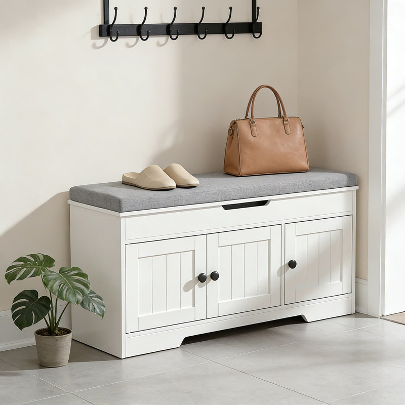 Banc de rangement pour hall d'entrée avec siège rabattable et rangement pour chaussures à 3 niveaux, banc de couloir multifonctionnel avec coussin rembourré, tablettes réglables et portes de grange pour l'organisation à domicile