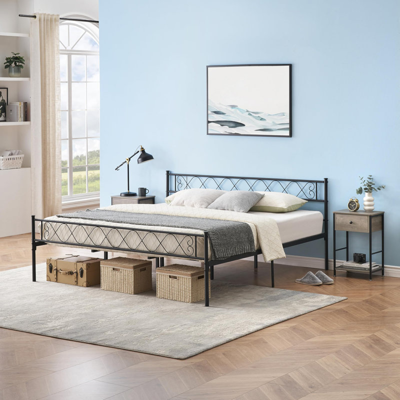 Modern Metal Platform Bed Frame with Headboard & Footboard, Black, King