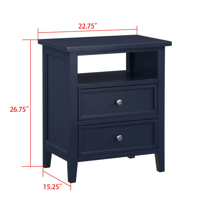 Table de chevet de style moderne avec 2 tiroirs et une tablette ouverte, Bleu