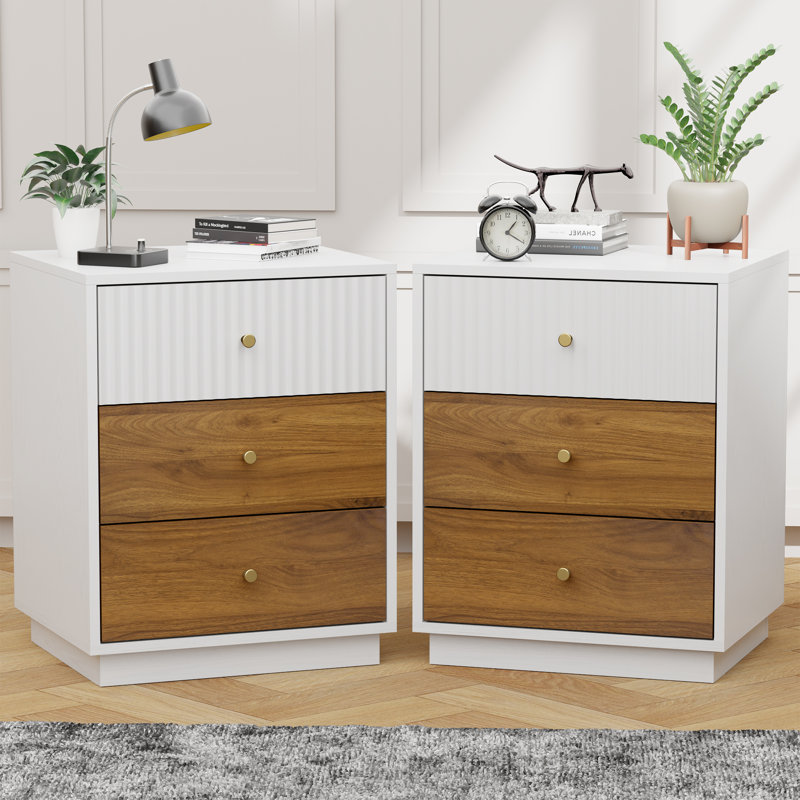 Mid-Century Modern Fluted Nightstand with 3 Drawers, White, Set of 2