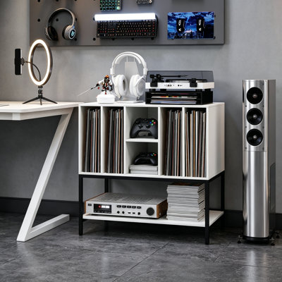 Record Player Stand with Charging Station, Turntable Stand with Storage Shelves Holds 150 Albums, Metal Frame Vinyl Storage for Music Living Room