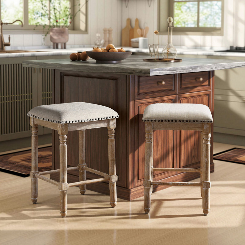 Arnhem Wood Upholstered Bar Stools, Set Of 2, Counter Stool (24.25" Seat Height), Beige