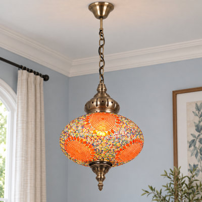 Turkish Moroccan Mosaic Glass Pendant Light, Orange 1-Light Hanging Lamp with Antique Bronze Chain and E26 Warm Bulb Included