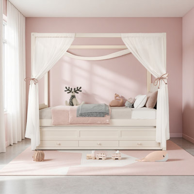 Lit plateforme avec tête de lit tapissier, lit gigogne simple et 3 tiroirs, cadre de lit à baldaquin princesse pour enfants, rangement et assemblage facile