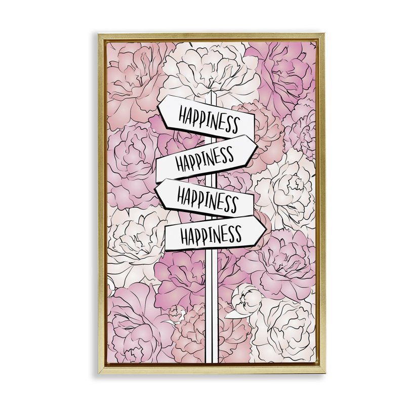 «Happiness Sign» sur toile flottante encadrée par Martina Pavlova, Cadre flottant métallique doré, H 31 po x l 21 po