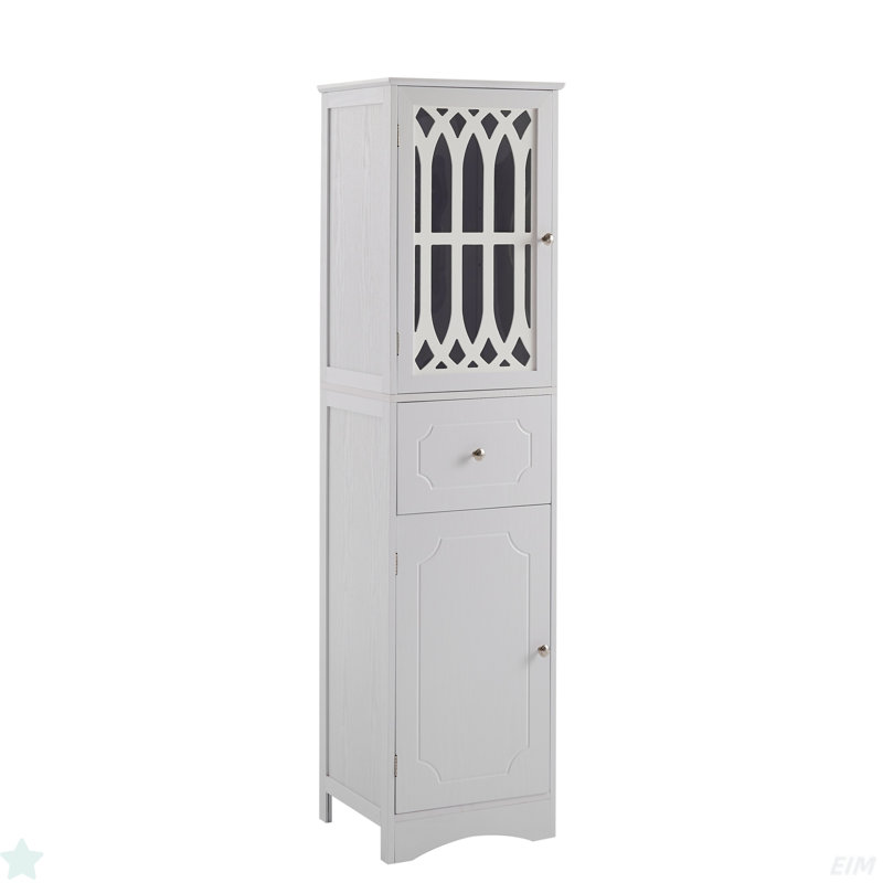 Grande armoire de salle de bain, armoire de rangement autoportante avec tiroir et portes, panneau de fibres à densité moyenne, porte en acrylique, tablette réglable