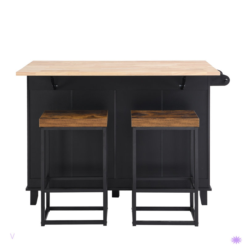 Farmhouse Kitchen Island Set with Drop Leaf and 2 Seatings,Dining Table Set with Storage Cabinet, Drawers and Towel Rack