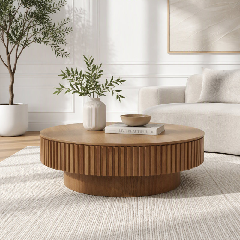 Table basse ronde avec rangement caché, 55 lbs, Natural Wood