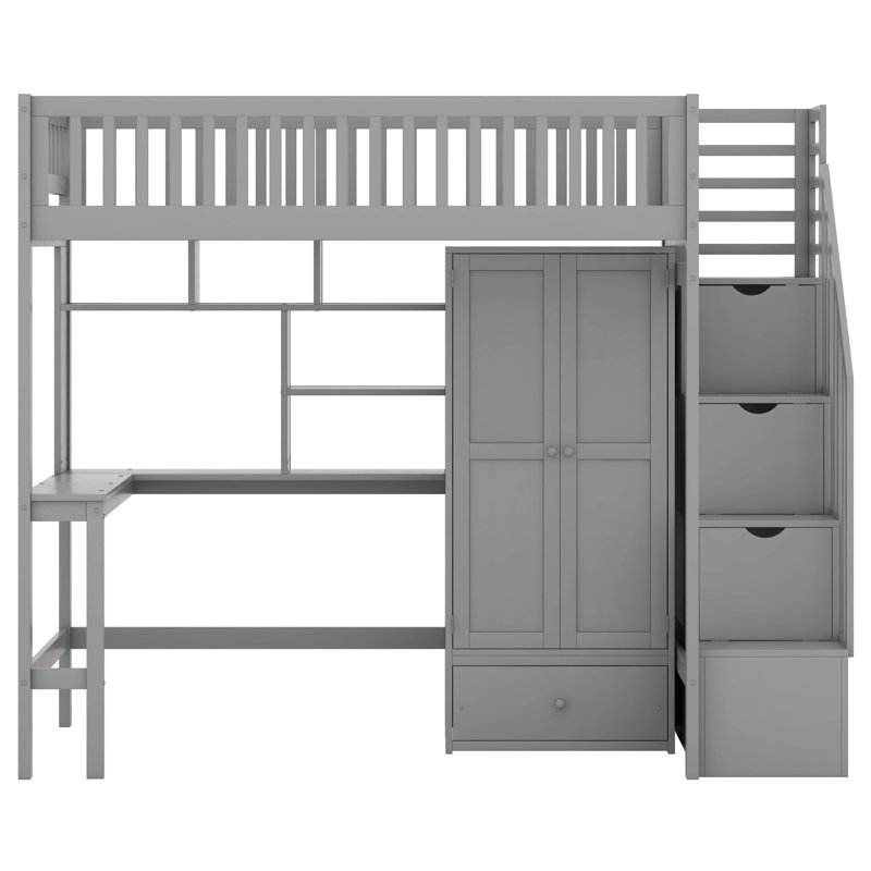 Imantas Kids Twin Loft Bed with Drawers, Gray