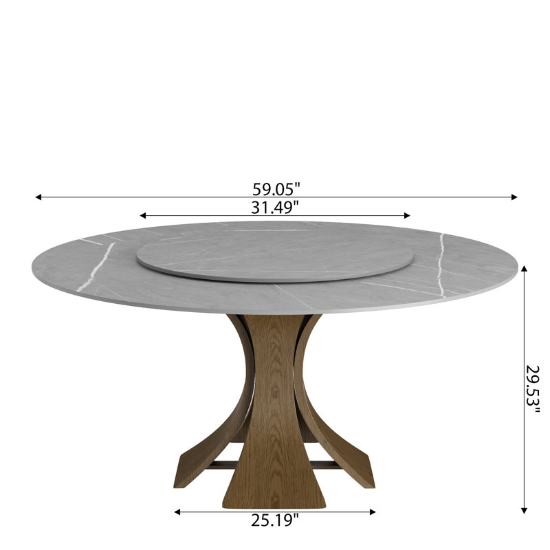 Aversa Modern Round Dining Table, Sintered Stone & Travertine Top With Lazy Susan, Farmhouse Kitchen Table For Dining Room