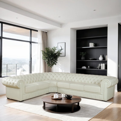 3 - Piece 138" Wide Genuine Cowhide Leather Luxury Chesterfield Living Room Sectional by Wildon Home
